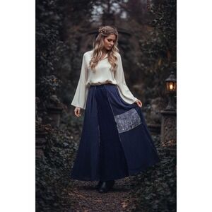 Whimsigoth fairy Vintage 90s Donna Jessica Blue Patchwork Maxi Skirt Size S Boho